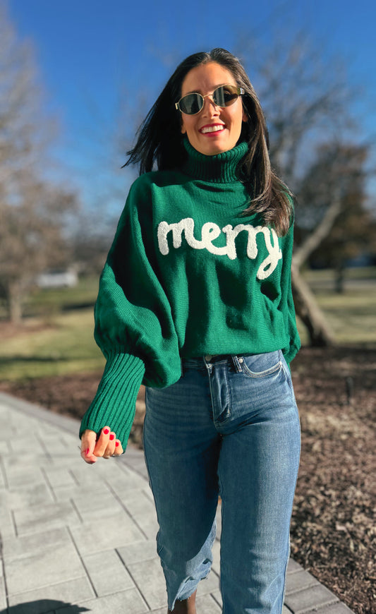 Merry & Bright Embroidered Turtleneck Sweater